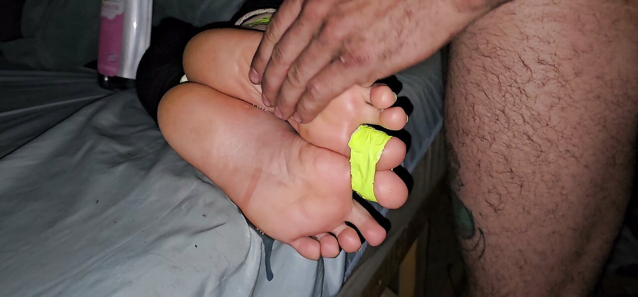 bondage footjob of asian teen feet cum on soles