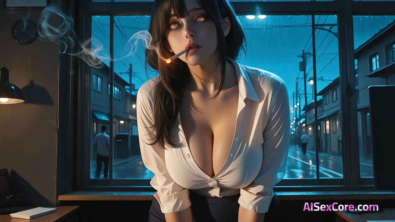 Midnight cigarette burns while passionate sex heats up her lonely evening (AI Porn)