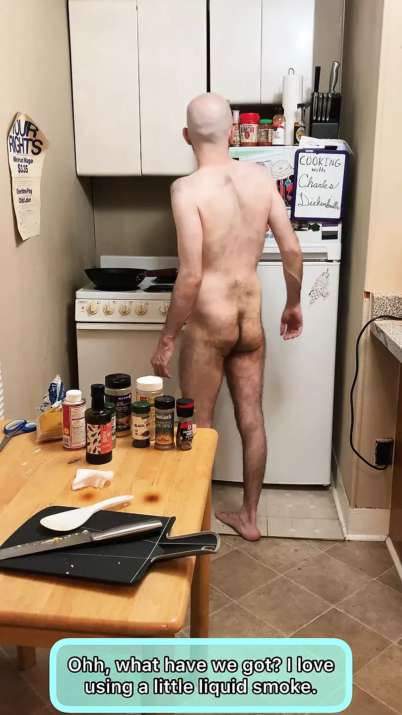 Daddy Makes Dinner - cooking, chatting, and dancing with skinny hairy uncut dude Charles Dickenballs (with English captions)