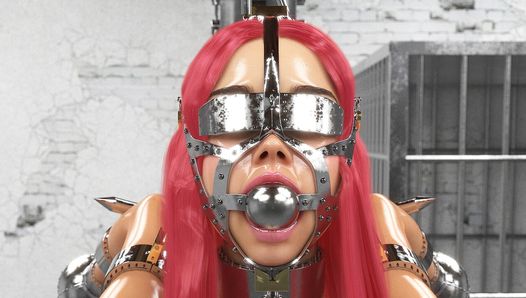 Slave in Hardcore Metal Bondage Restrained and Gagged