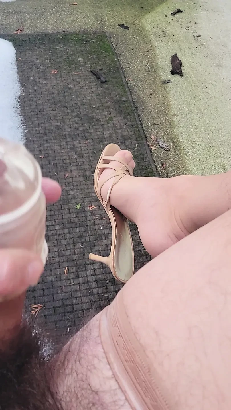 Wearing Nylons and Heels Outside Jacking Off