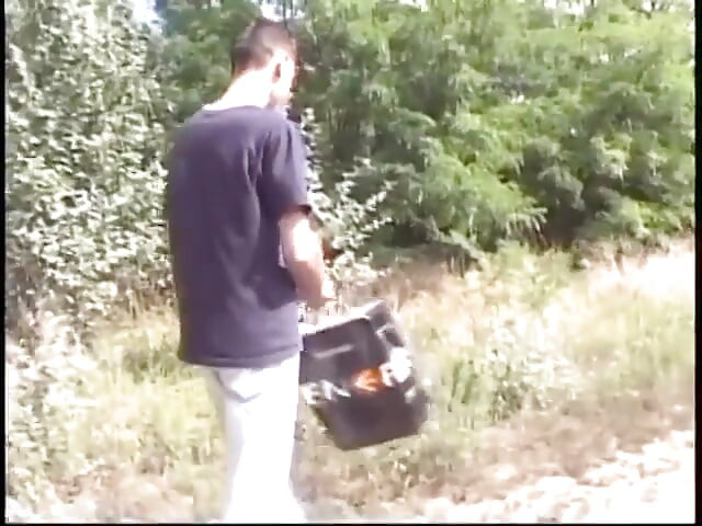 Bottom boy gets on his knees and deep throats a hard cock then fucks outdoor