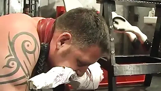 Slim brunette dominatrix humiliates and degrades male slave in her lair