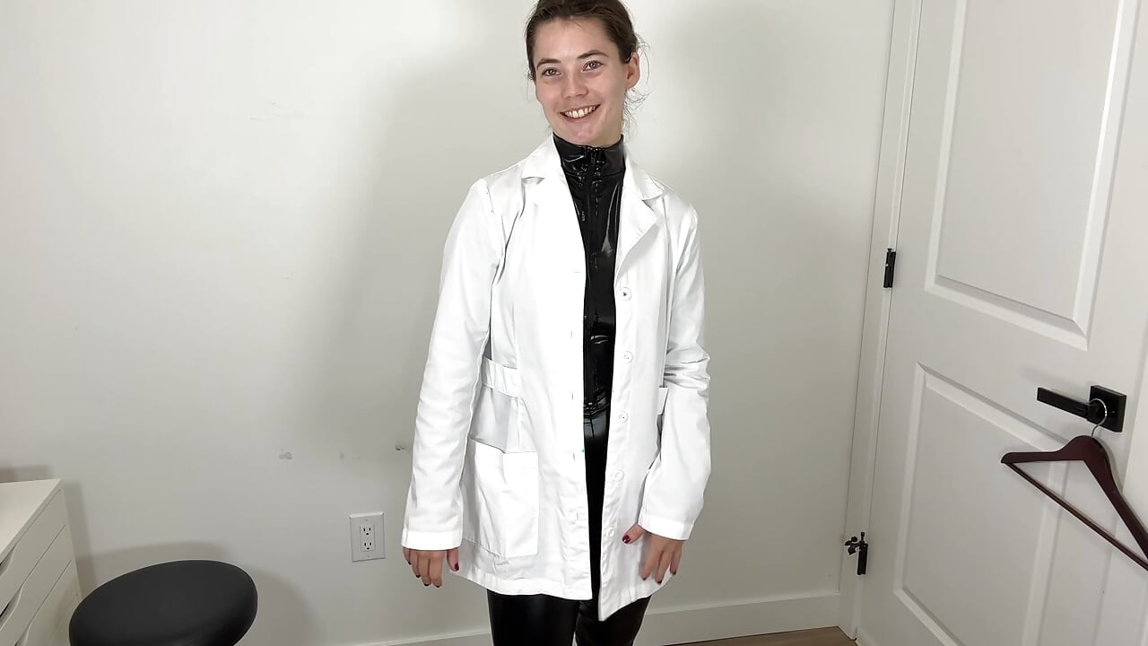 Trying on Shiny Spandex Catsuit with White Lab Coat