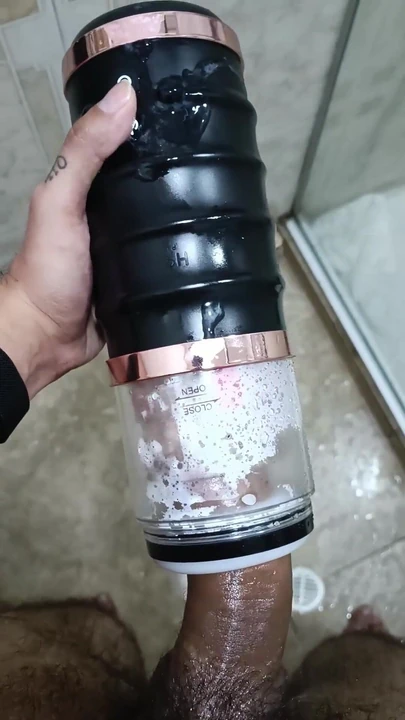 Powerful moment from "POV Big Uncut Cock Camilo Brown Using An Automatic Masturbation Toy To Get An Intense Cumshot Orgasm"