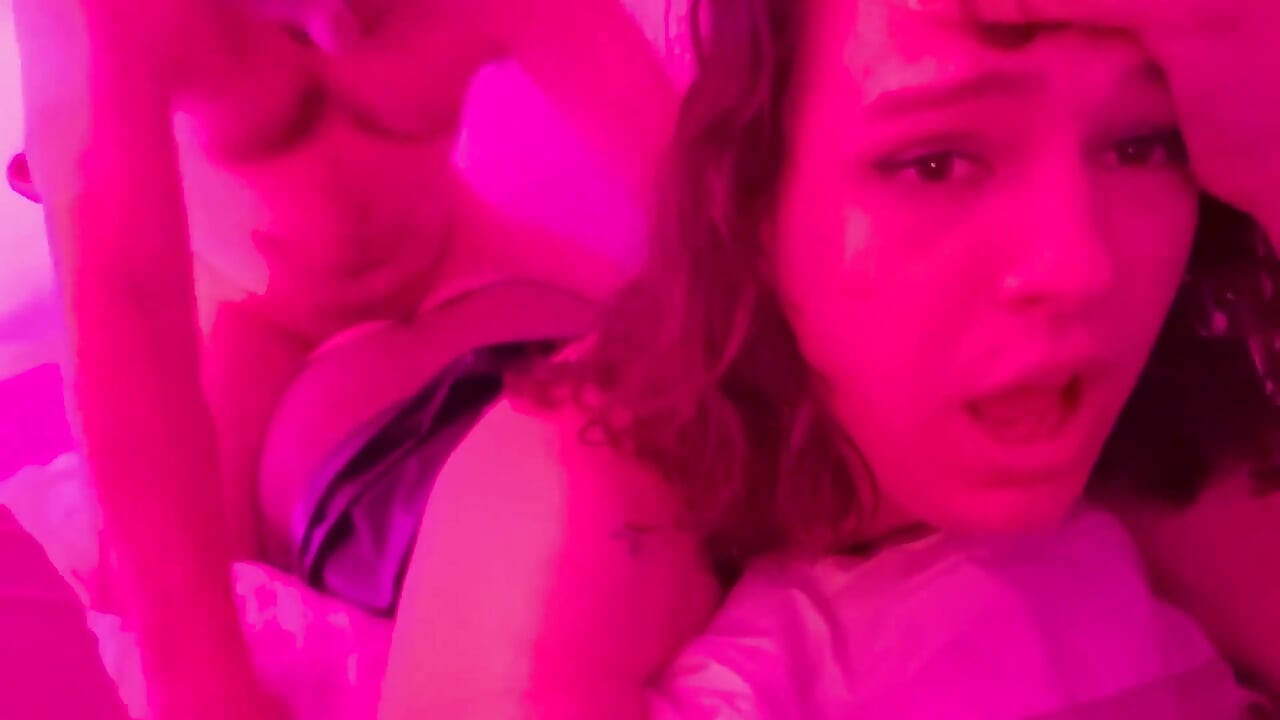 Gorgeous Goth T-girl Fucked Hard in Pink-light with Cumswallowing