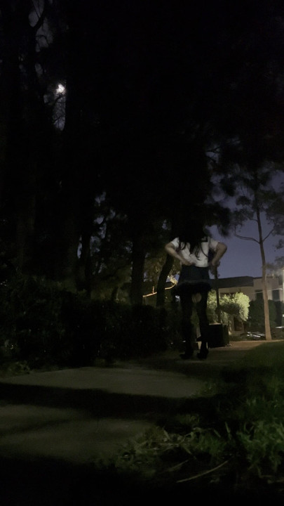 Asian sissy in school girl uniform night walk in park with vibrator