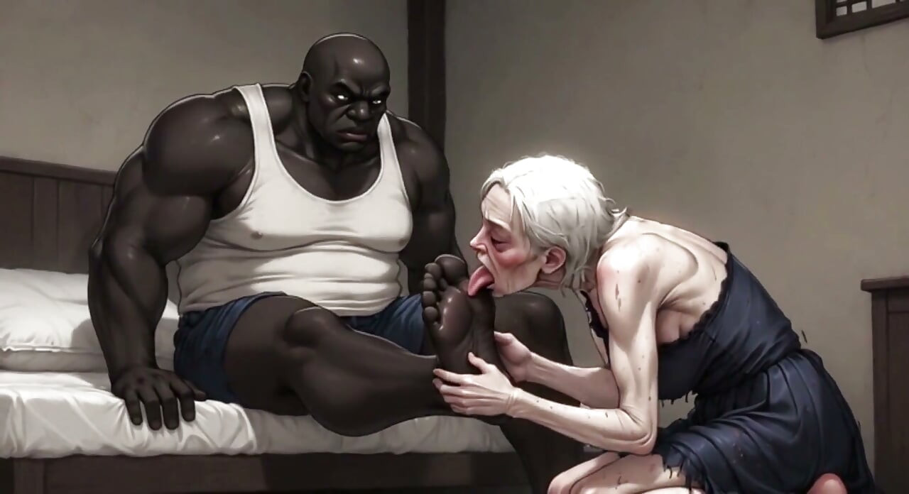 90 Year Old Granny Slave Licking Giant Black Man Feet - Wet Pussy Pleasure