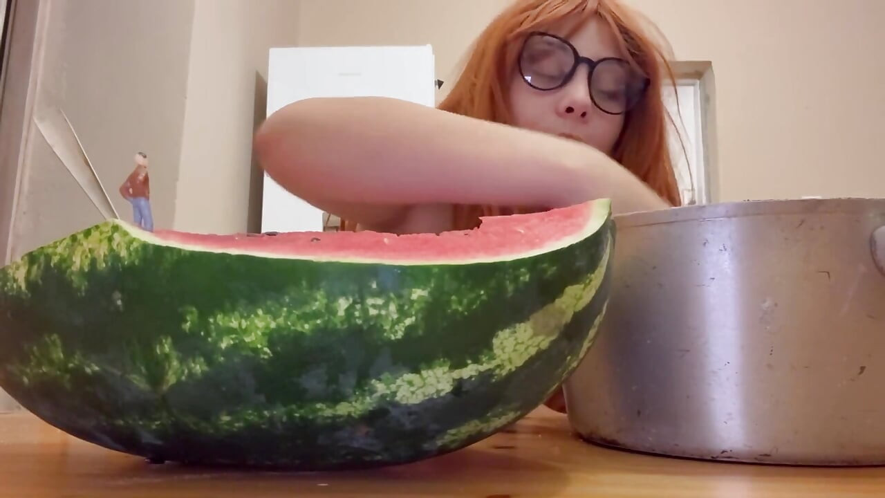 Giantess Stepsister Eats Watermelon and Is Really Horny While Tiny Stepbrother Watches Giantess Stepsister Eat
