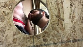 Sucer deux bites poilues au gloryhole