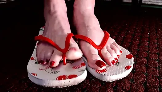 Red Toenails Flop Flops Mature Feet