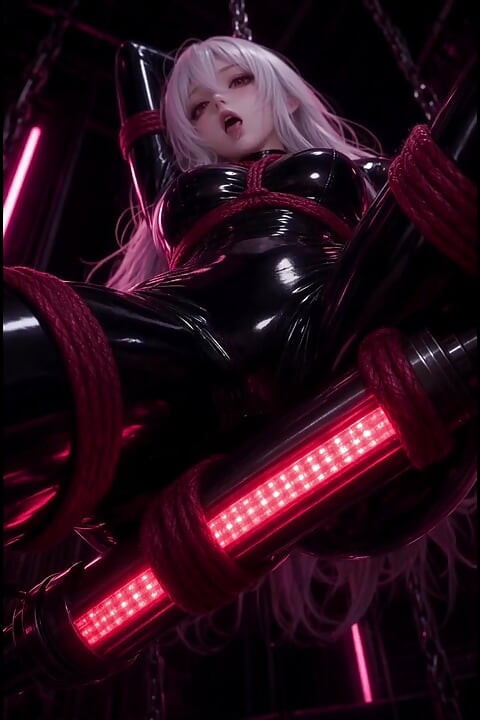 アニメボンデージ、白髪、黒ラテックスの赤いロープ