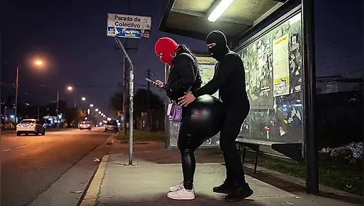Big Ass Latina in Tight Leather Pants at Bus Stop Strips to Black Leather Thong
