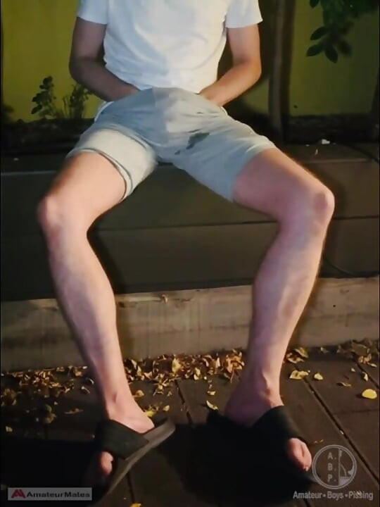 Amateur Twink in Adilette Sandals Wets Himself in the Garden and Takes His Cock Out