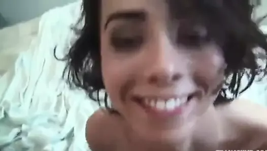 Shemale cums with her friend's cock in her mouth
