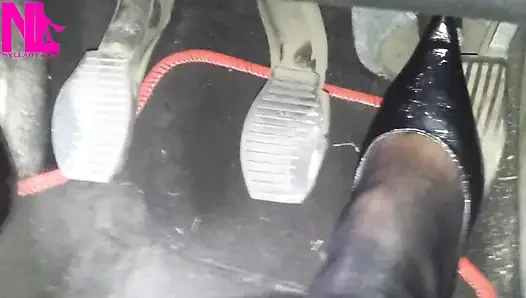 Sexy Speedy Driving in Patent Black Pumps and Seamed Black Pantyhose