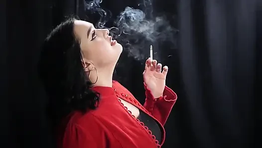 Curvy Brunette Smoking in Red Cardigan