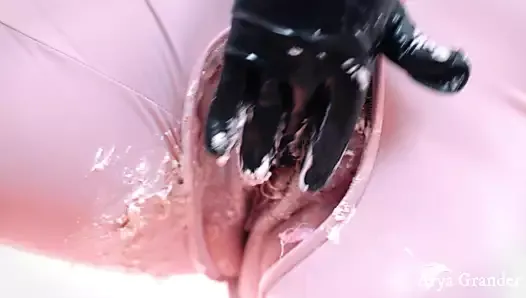 Pussy cake splosh food fetish, wet and messy, pvc catsuit