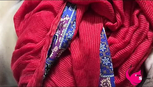 Red outfit with golden shower