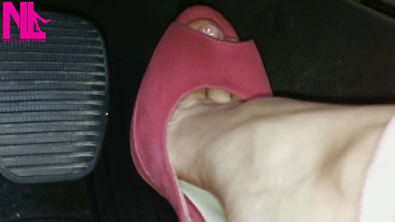 Barefoot Driving and Revving in Vivid Pink High Heeled Sandals