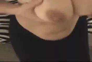 He licks own cum from her tits