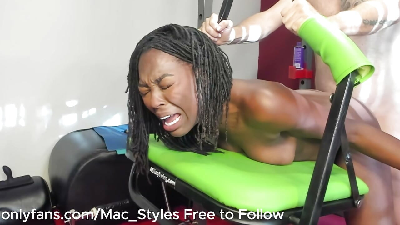 Ebony on a sex swing with squirt and cream pie