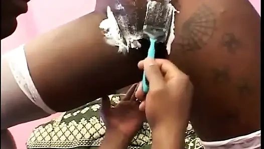 Nice tits black slut sucks and fucks a black dick on couch after pussy shave
