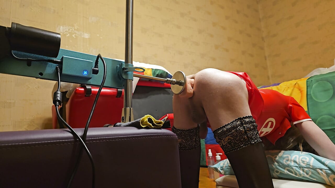 Crossdresser in latex have Hardcore deep anal fuck machine with a rainbow huge dildo