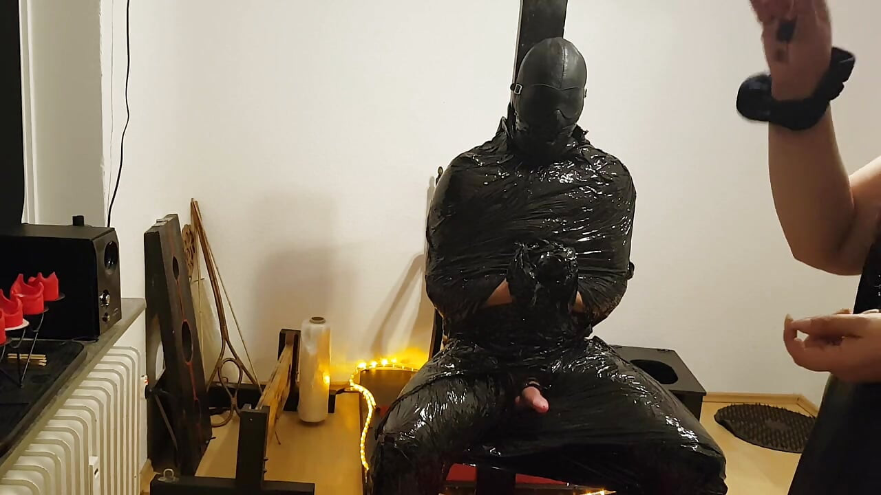 Foil Bondage Slave Part 2 - Cling Film Mummified and Edged to Madness