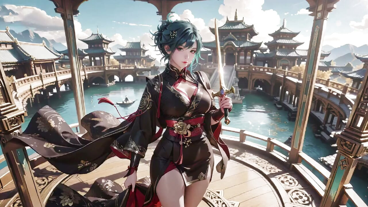 蓝发女剑客！赤足站在浮云上的黑红和服！