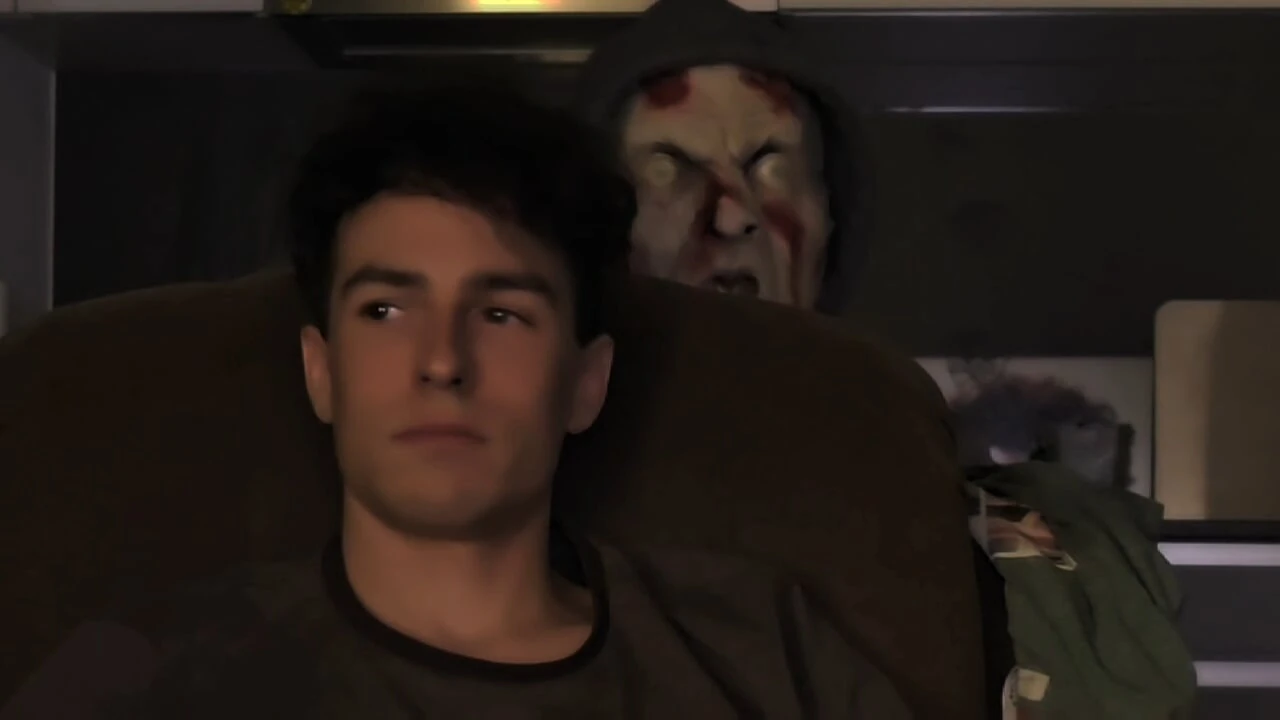 Twink cadılar bayramında maskeli bir adama şaşırıyor