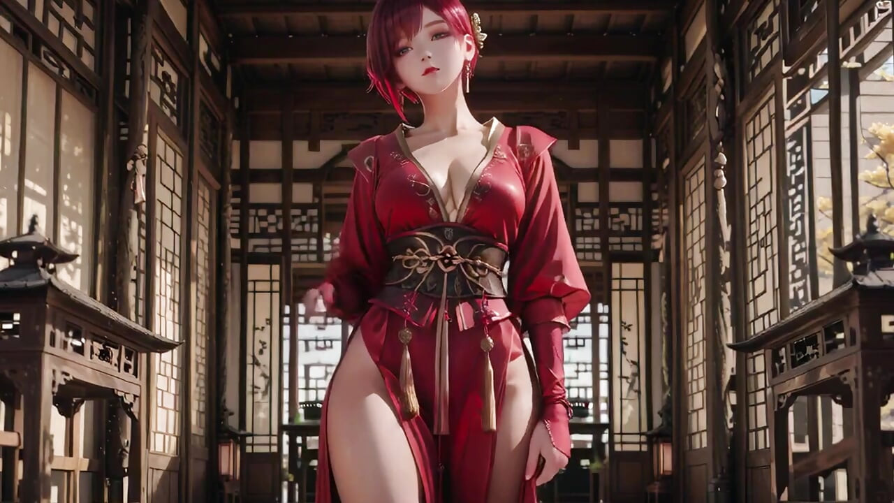 Purple-haired War Maiden in high-slit kimono, kneeling to tease your eyes with a fiery gaze and a wet, forbidden whisper.