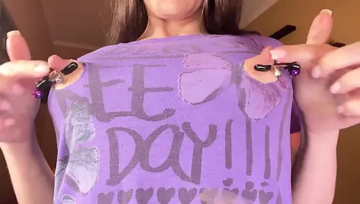 The MILF's nipples poked through her T-shirt, and she couldn't resist tearing it apart to play with them