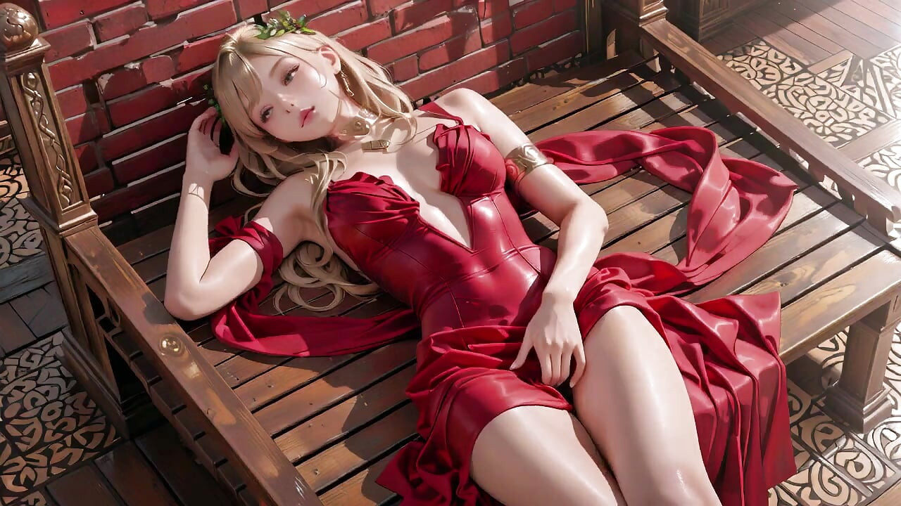 Rainha loira de vermelho! Sentada na fonte, ajustando o vestido fendido... Olhos fixos em você.