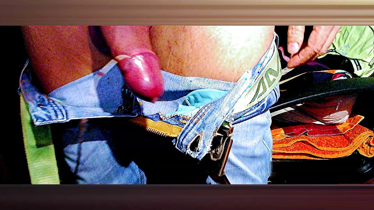 E-Stim pee and cum in old blue Jeans