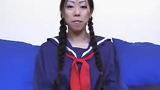 Asian babe pussy fucking big dick sucking in a college uniform...cum in mouth