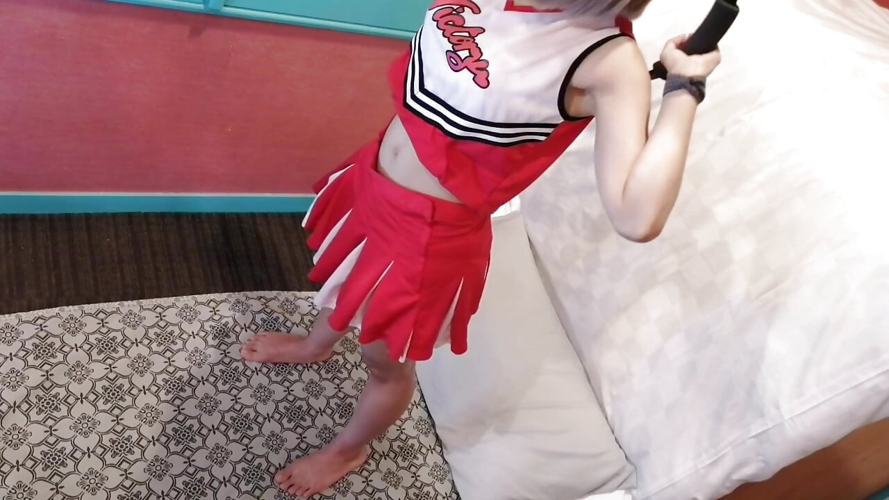 A cute, busty married woman does exercise 3 in a sexy cheerleader costume. Peeking down from above. Home made amateur Private Shoot