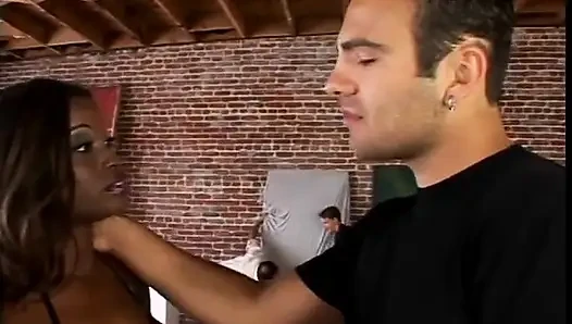 Three dudes take turns ass fucking and double penetrating a black beauty