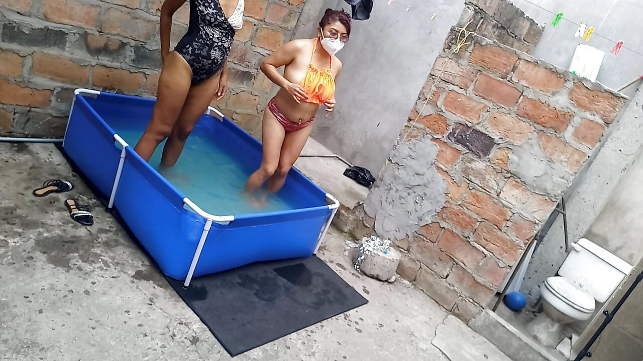 My neighbor is in the pool wearing a very tempting and sexy bikini. She's hot.