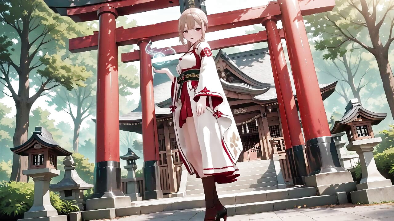 Red & White Miko! Forbidden Encounter at the Shrine, Golden Hair Trembling Under Sacred Robes, From Solemn Kneel to Blurry Gaze
