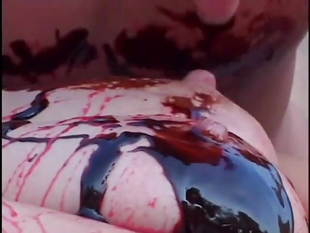Horny cock sucking babe and bf fuck while covered in syrup on the floor