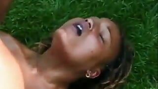 Young ebony bitch gets slammed outdoors