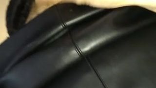 Big cumshot on leather skirt