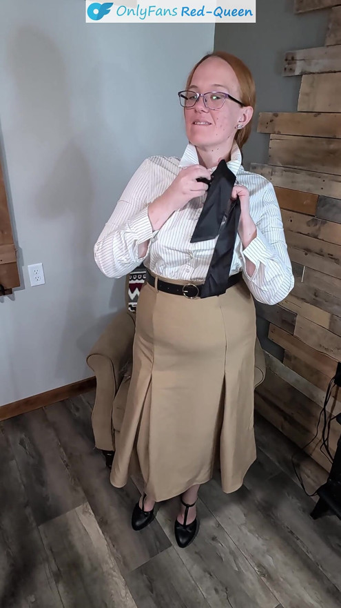 Classy Redhead 50S Secretary or Teacher Outfit Dressing From Girdle and Stockings - Heels, Dress, Blouse, and No Panties