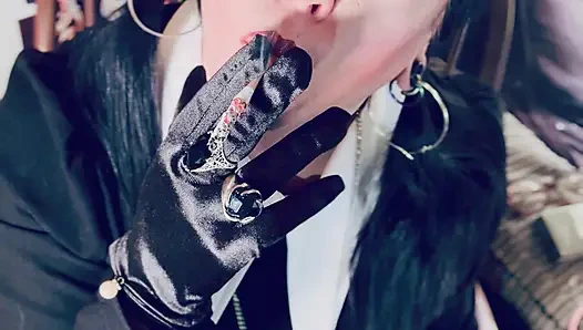 Wednesday Addams, Tina Snua,  Chain Smokes 2 Cigarettes In Satin Gloves - Smoking Smoker Drifts Snap Inhales OMI OME Tip To Tail