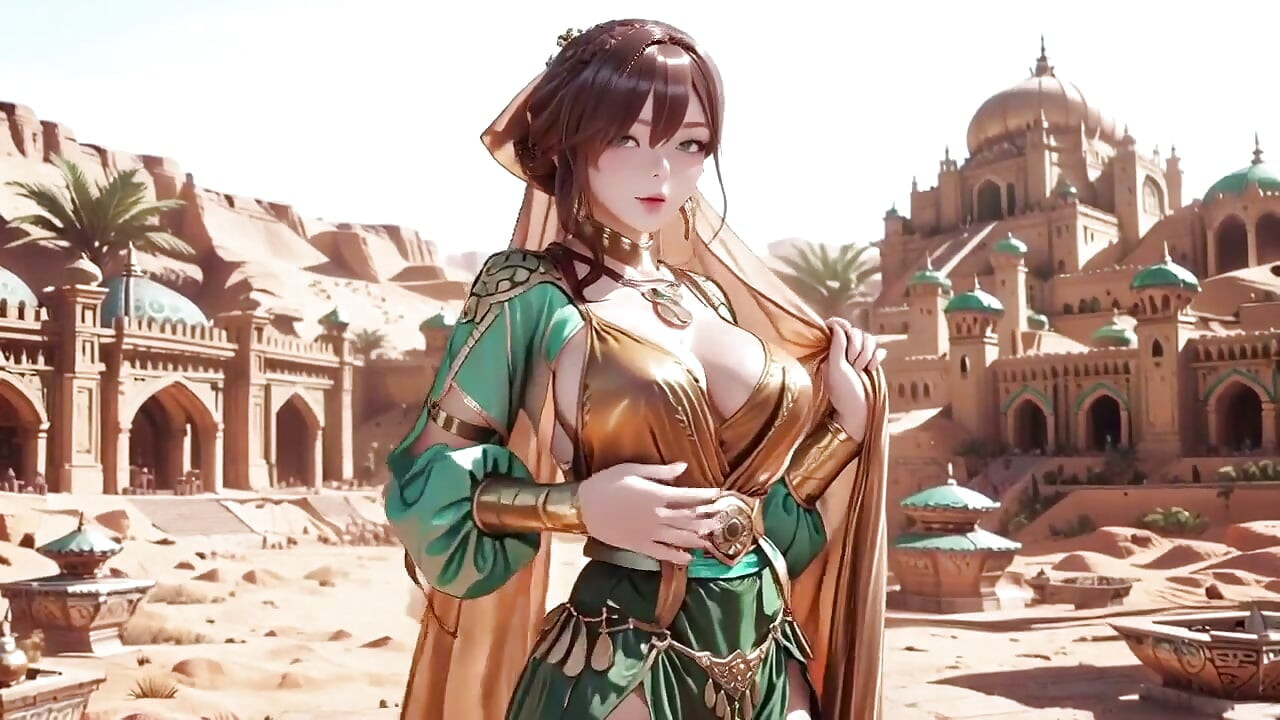Coroação da Rainha do Ouro Verde! Preguiçoso deitado no Palácio do Deserto, dedos provocando cabelo e véu, pele beijada pelo sol brilhando.