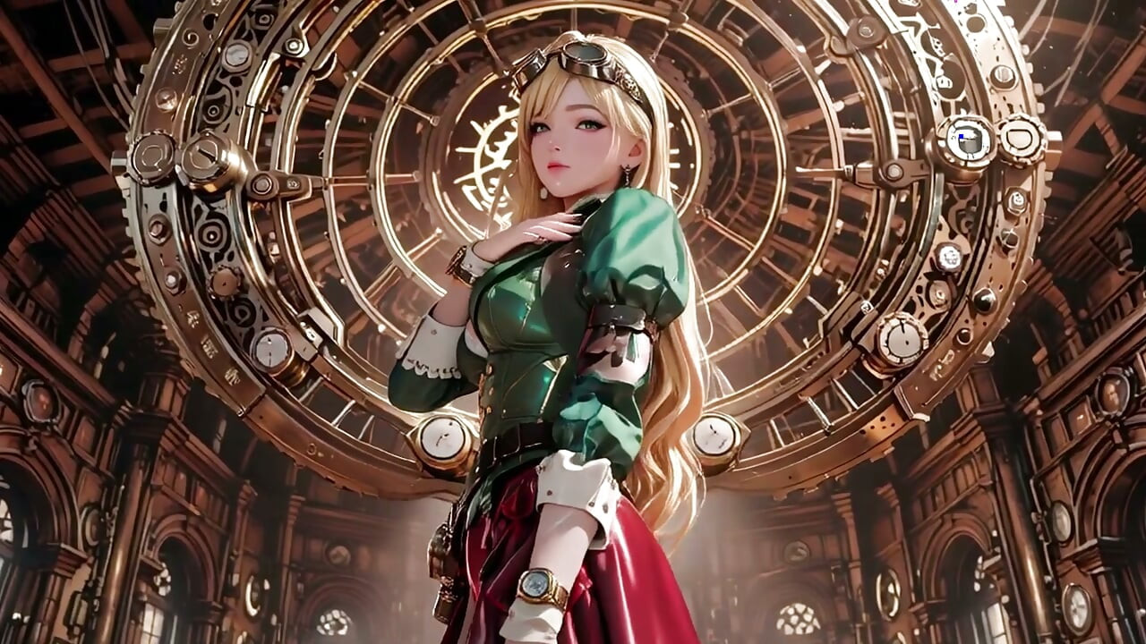 ¡Secretaria rubia steampunk! Poses perezosas entre engranajes gigantes, ajustándose las gafas con mirada provocadora.