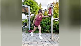 Outdoor workout with vibrator for ass and cock! Tranny cums straight into her shorts!