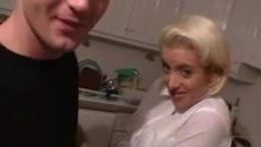 British slut Cybill gets fucked in the kitchen