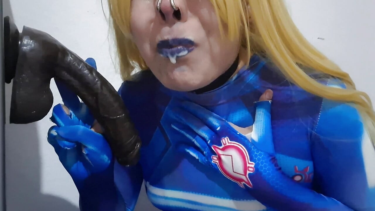 Cute Samus Femboy with BDSM Nosehook giving a Sloppy Blowjob to BBC Dildo, Deepthroat, Facial Fuck and Eating Semen